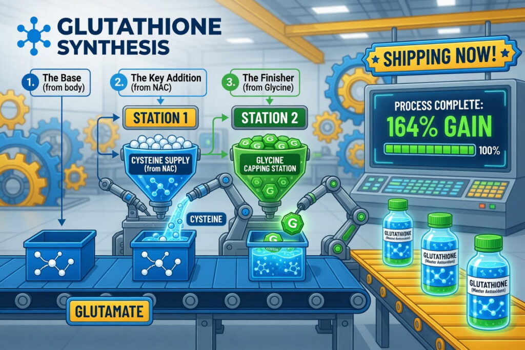 Visual guide to how glutathione is made in the body, It starts with Glutatmate, Cysteine is added, which can come from N-acetylcysteine (NAC), it is capped with a glycine molecule. You need sources to complete production, research shows 164% gain when you take htem together.