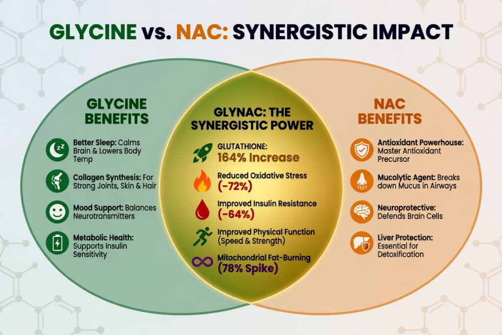 infographic showing the individual benefits of glycine and nac, but a venn diagram of the synergistic benefits of taking them together for glutathione, oxidative stress, insulin resistance, physical strength, and mitochondrial health