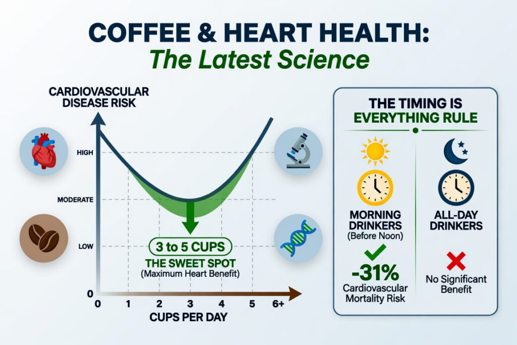 An infographic titled 'COFFEE & HEART HEALTH: The Latest Science'. It features a U-shaped graph showing the lowest cardiovascular disease risk occurs when drinking 3 to 5 cups of coffee per day, labeled as 'The Sweet Spot'. A separate panel compares timing, showing that morning coffee drinkers (before noon) have a 31% lower mortality risk, while all-day drinkers see no significant benefit.