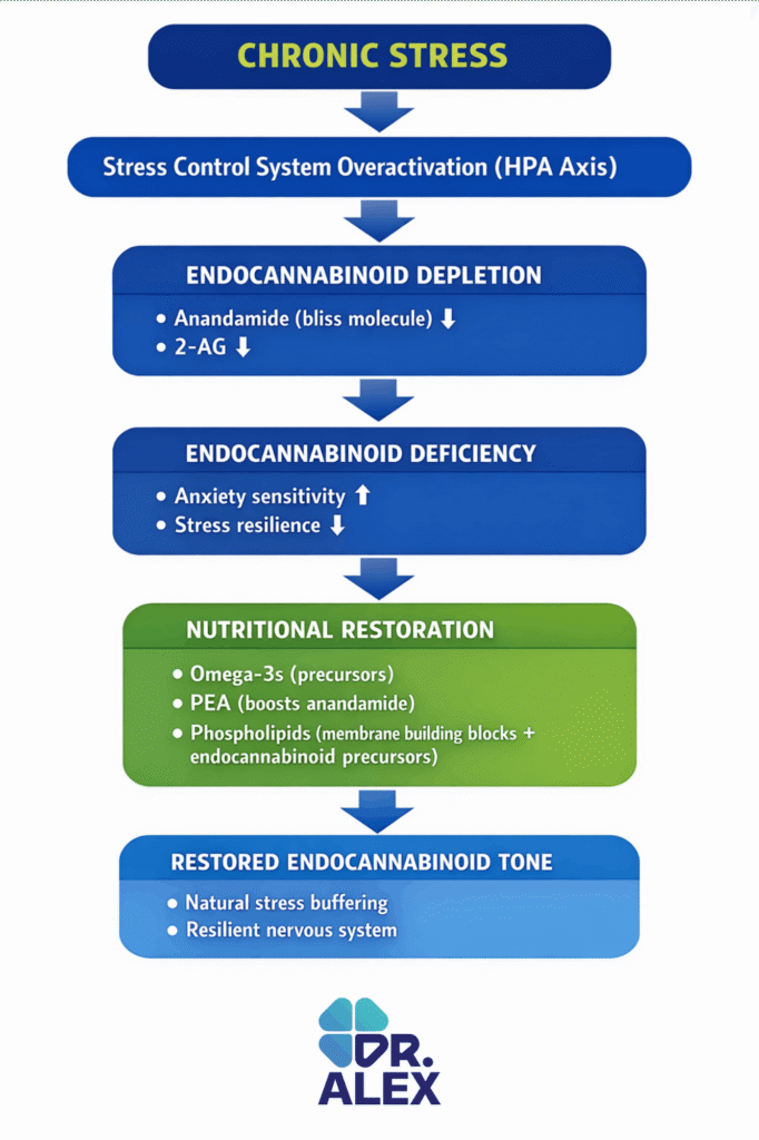 Flowchart illustrating how chronic stress depletes endocannabinoids including the bliss molecule anandamide, leading to endocannabinoid deficiency, and how nutritional precursors like omega-3s, PEA, and phospholipids restore natural endocannabinoid tone.