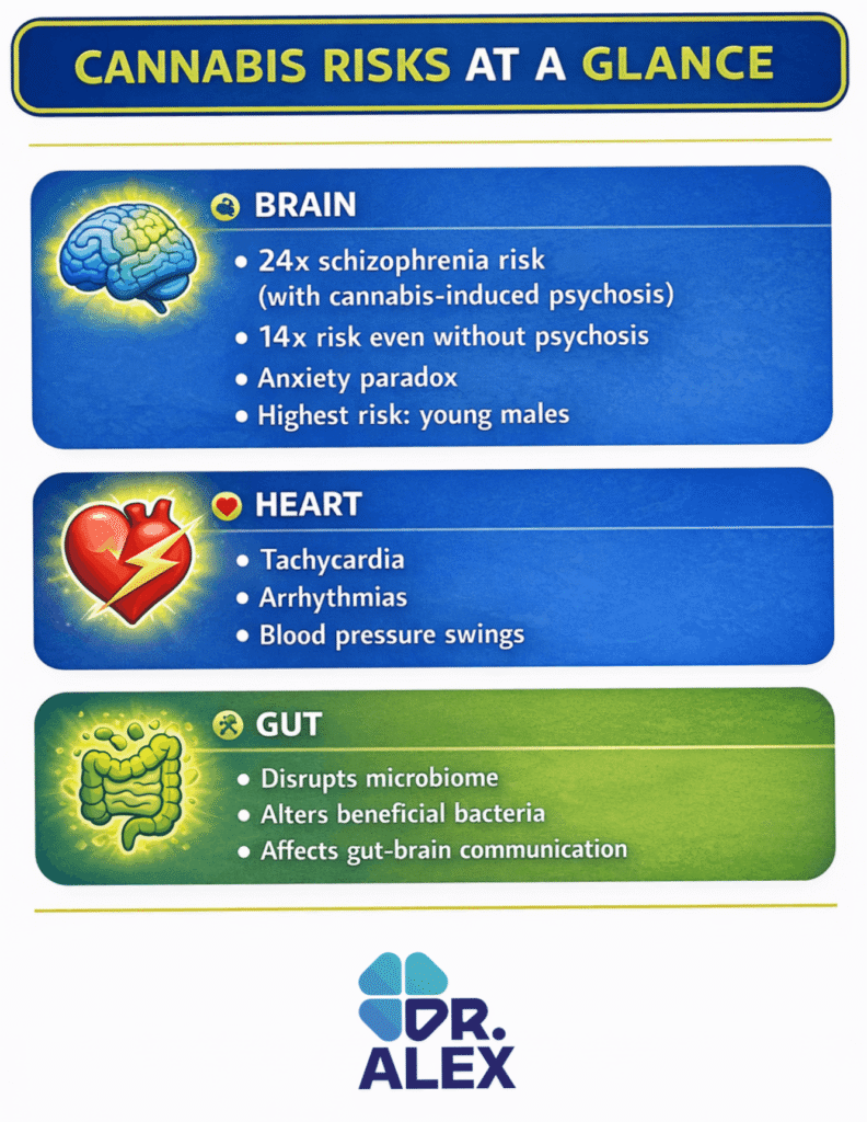 Summary chart of cannabis health risks showing brain effects including 242-fold increased schizophrenia risk with cannabis-induced psychosis and 14-fold risk even without psychosis, cardiovascular effects including tachycardia and arrhythmias, and gut effects including microbiome disruption.