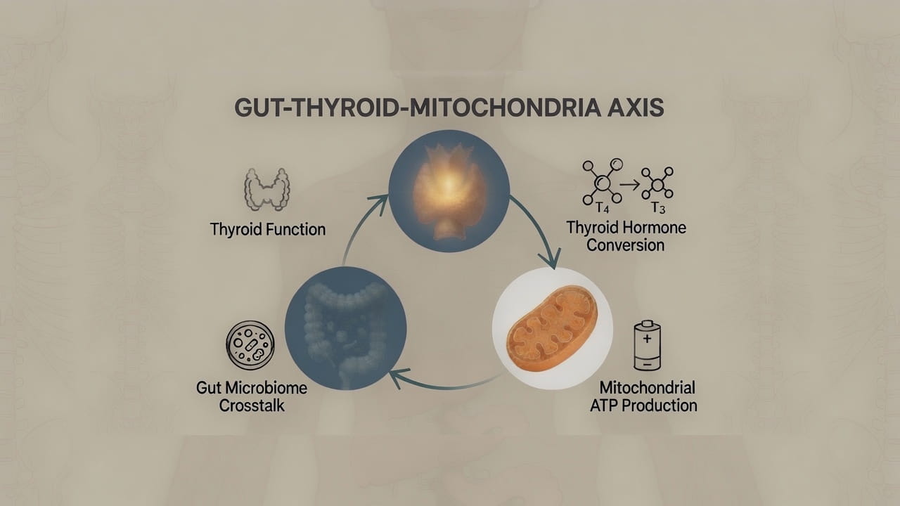 Medical illustration of the gut, thyroid, and mitochondria as interconnected energy circuits, representing the gut-thyroid-mitochondria connection for natural thyroid and Hashimoto's support.