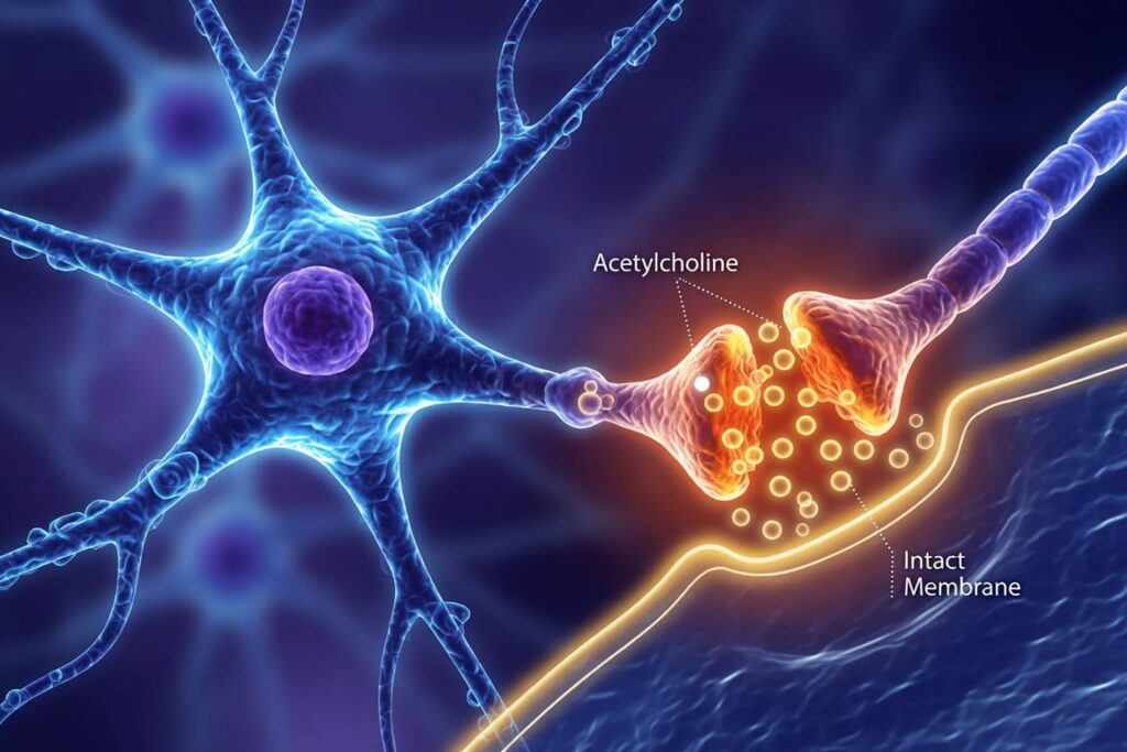 Diagram showing acetylcholine release from a neuron, highlighting the role of phosphatidylcholine in brain health and memory preservation.
