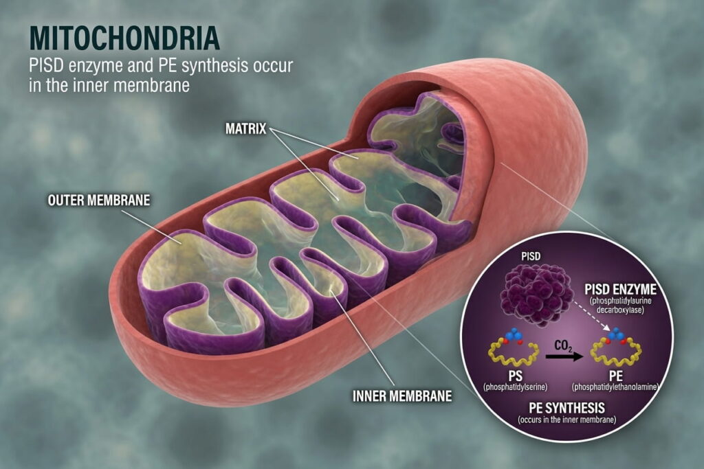 Illustration of mitochondria structure, emphasizing the importance of phospholipid membranes like phosphatidylserine and phosphatidylcholine for cellular energy.