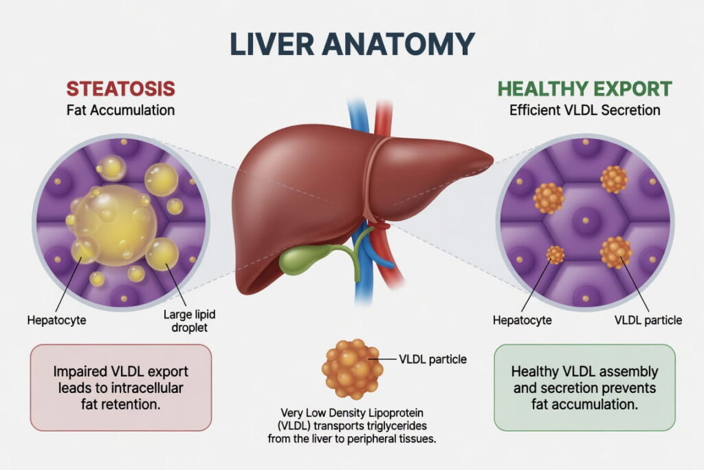 Comparison of a healthy liver and a fatty liver, illustrating hepatic steatosis caused by disrupted fat export and phosphatidylcholine deficiency