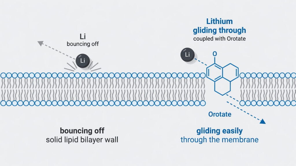 Illustration of lithium orotate crossing the blood-brain barrier compared to ionic lithium, explaining why this 5mg dosage is the best form of lithium supplement.
