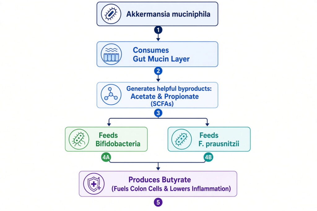Flow chart showing how akkermansia muciniphila supports mucosal layer, short chain fatty acids, and ultimately fueling intestinal cells and supporting inflammation