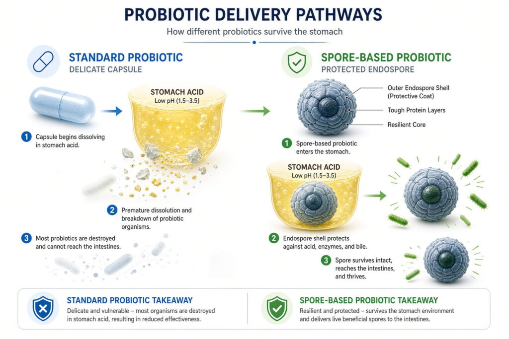 Visual side by side comparison of probiotic absorption through stomach acid. Regular probiotics killed by stomach acid, spore probiotics naturally protected