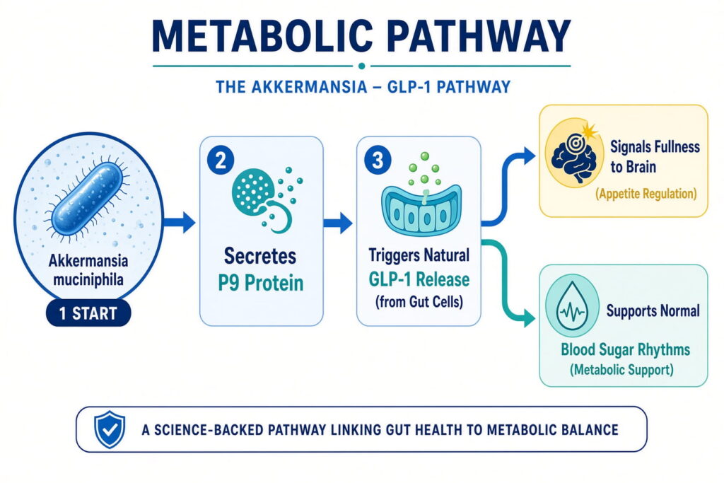 pathway showing how akkermansia muciniphila supports glp-1 release and modulates appetite and supporting blood sugar levels that are already normal