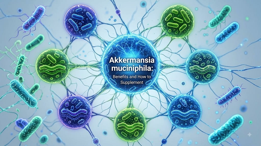 Infographic illustrating the systemic health benefits of the keystone gut bacteria Akkermansia muciniphila, including gut barrier support and metabolic health