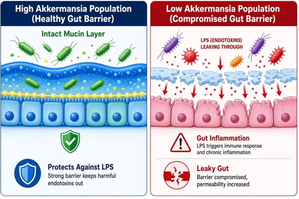 Left and right visualization of a healthy gut barrier and a compromised gut barrier related to levels of Akkermansia muciniphila. An intact mucosal lining blocks leaky gut toxins from passing through.