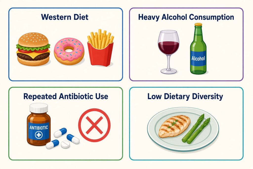illustration infographic showing the 4 main things that lead to low akkermansia muciniphila, western diet, heavy alcohol, high antibiotic use, and low dietary diversity and prebiotic intake.