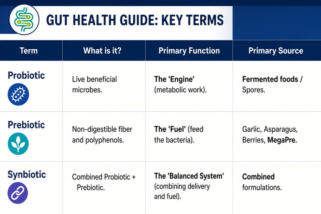 Visualized table showing definitions of what is a probiotic, prebiotic, and synbiotic