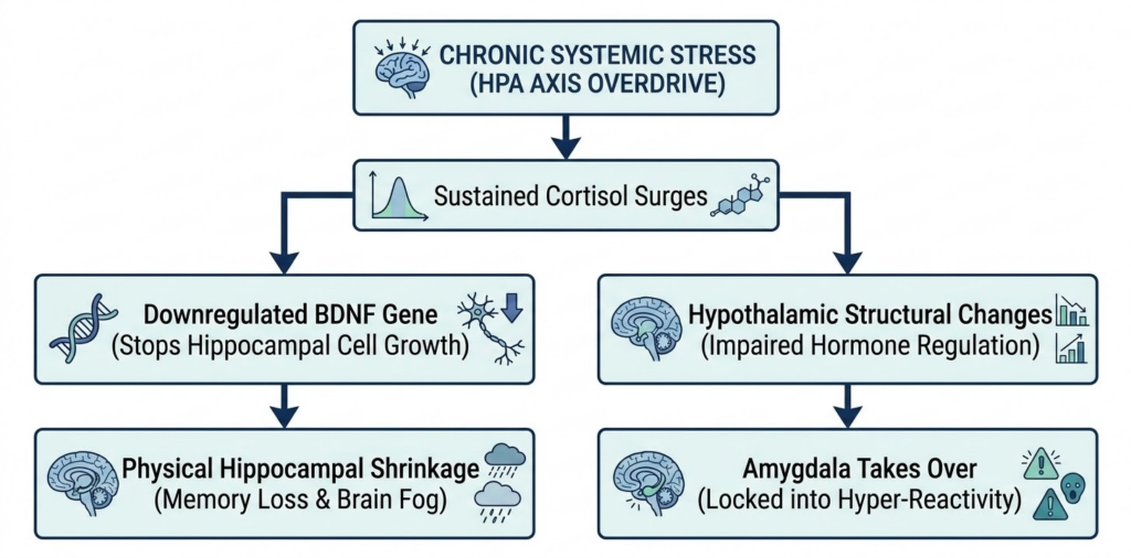 Flowchart showing how chronic systemic stress and high cortisol block BDNF production, causing brain fog and memory loss.