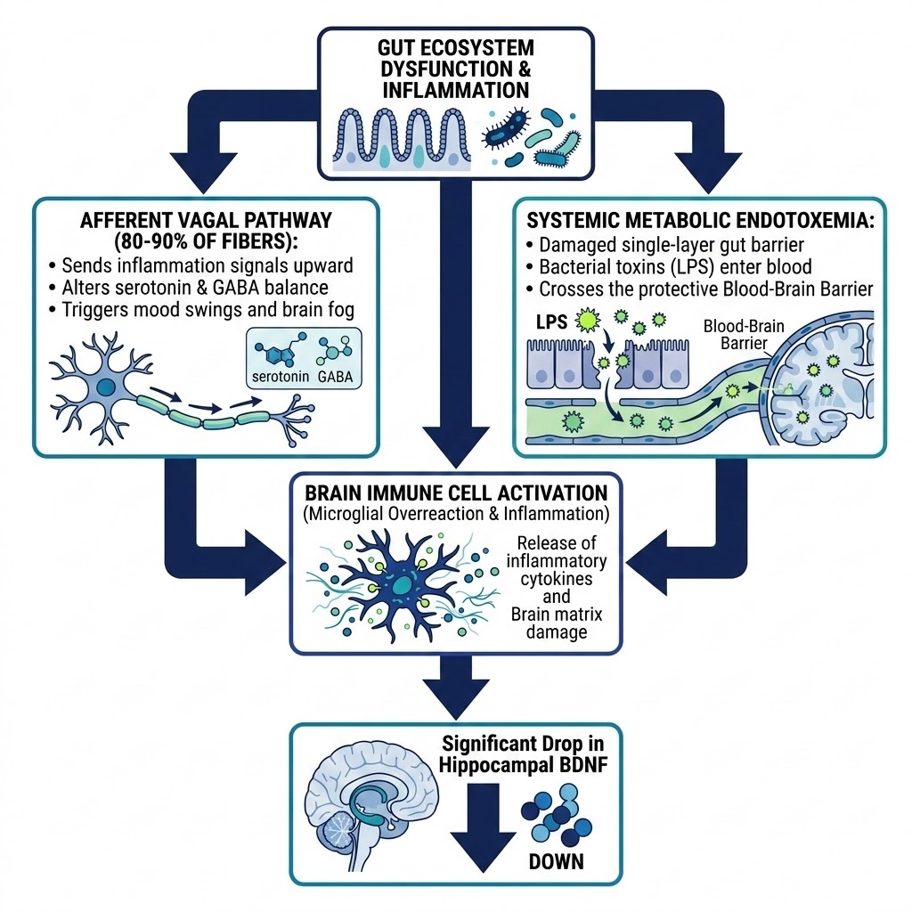 Flowchart showing how leaky gut and systemic endotoxemia cause brain inflammation, lowering BDNF and triggering brain fog.