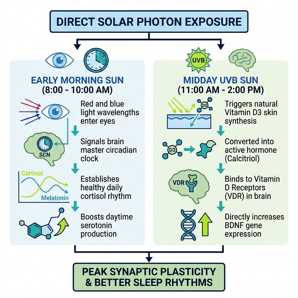 Diagram explaining how morning sun regulates the cortisol circadian rhythm while midday UVB light boosts Vitamin D and BDNF.