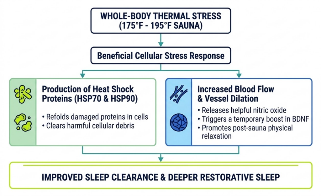 Diagram explaining how whole-body sauna heat triggers heat shock proteins, nitric oxide, and BDNF production.